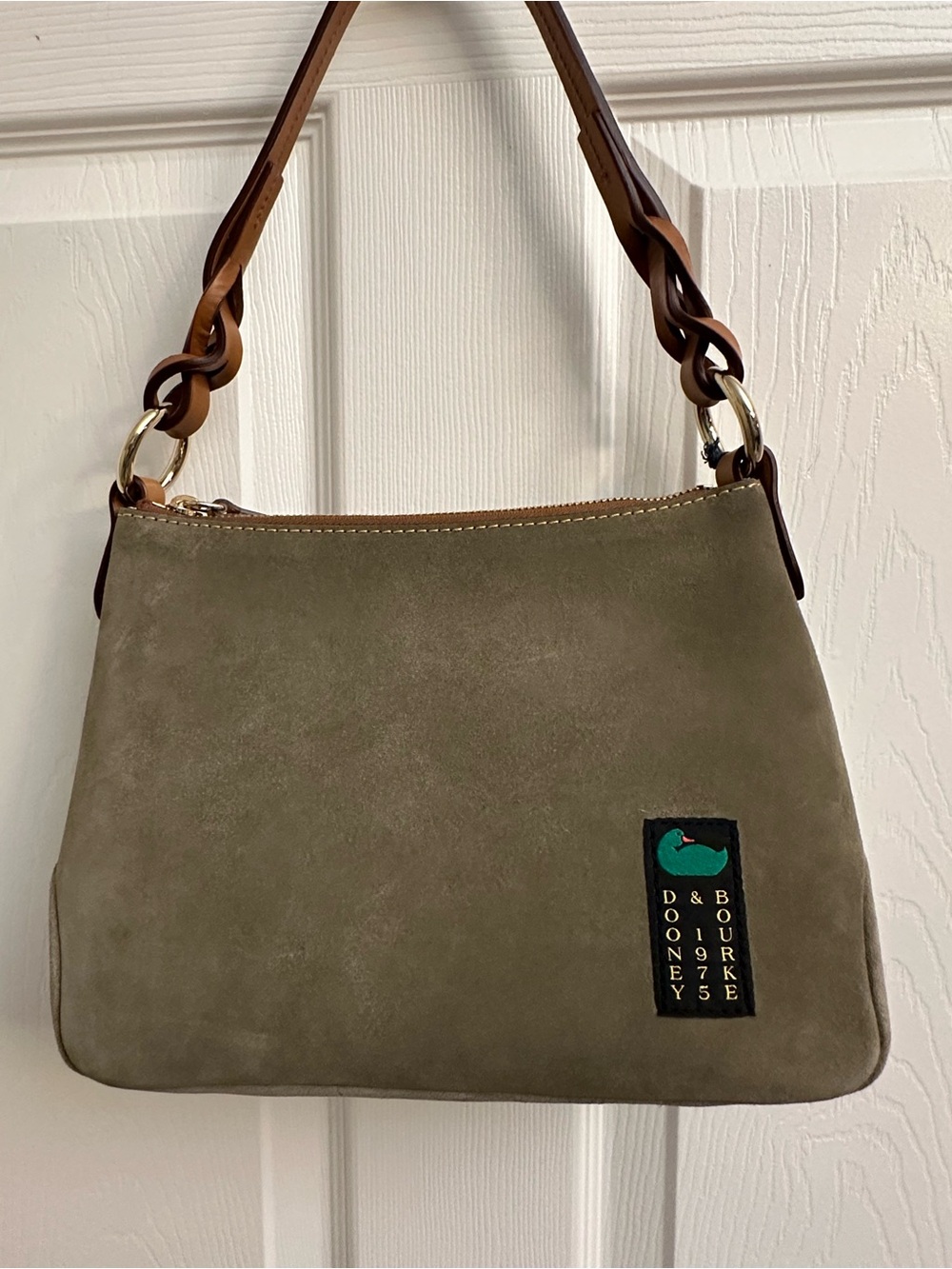 Dooney & Bourke Olive Suede Shoulder Bag with Brown Leather Strap
